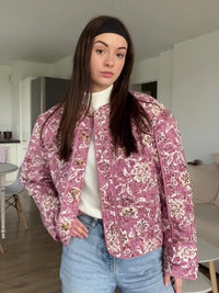 Olithoveia | Damen Dicke Steppjacke mit Blumenmuster – Rosa