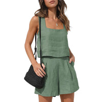 Cassie Sommerlicher Zweiteiler | Modernes ärmelloses Oberteil weite Shorts Sommer Set – Bohne