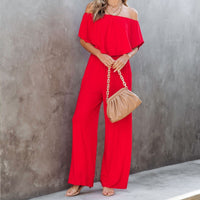 SANNE - Geraffter schulterfreier Jumpsuit – Rot