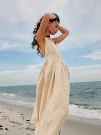 Damen Strand Midi Sommerkleid – Beige