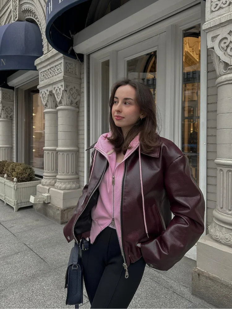 Klenethis | Damen PU Lederjacke mit Reverskragen, Reißverschluss, Taschen – Kurz für Herbst/Winter