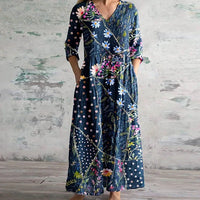 Ais™| Sommerkleid aus Leinen & Baumwolle mit Blumenmuster – Blau