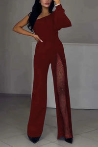 Modischer und sexy Damen Jumpsuit mit abfallenden Schultern und hohem Schlitz – Karmesinrot