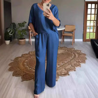 Marevielle™ Set Aus Satinartigem Stoff Mit Lockerer Bluse und Fließender Pantalonhose – Blau