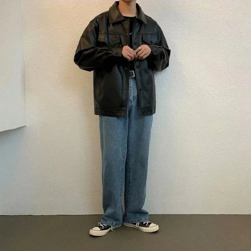 Wivakse | Herren Harajuku Lederjacke Loose Fit Modisch