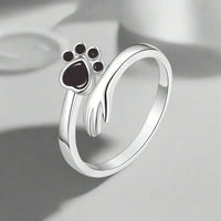 MARA – Eleganter verstellbarer Ring aus 925er Sterlingsilber mit handgefertigtem Hand- und Pfotenmotiv – Schwarz