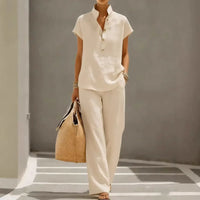 Marelisse™ Set aus leichtem und atmungsaktivem Stoff mit lockerer Bluse und weiter Hose – Khaki