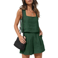 Cassie Sommerlicher Zweiteiler | Modernes ärmelloses Oberteil weite Shorts Sommer Set – Dunkelgrün