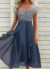 Caelina | Stilvolles Midi-Kleid – Silber-Blau