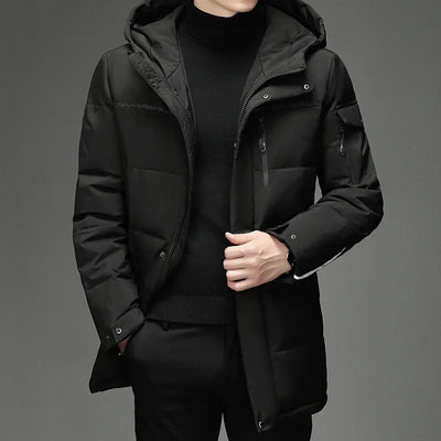Zavilda| Lange herren parka mit kapuze aus weißem daunenfutter