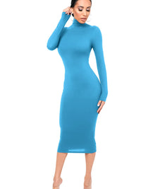 Damen Langarm Rollkragen Midi Etui Kleid – Blau