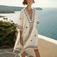 Naomi | Elegantes und Vielseitiges Strandkleid für Sommertage – Blau Rost- und Goldmuster