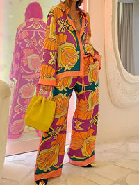 Amalia Eleganter Anzug | Elastische Hose und Blusen-Set mit Sommerblumenmuster – Gelb