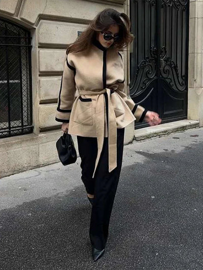 Olithareia | Chic Langarm Jacke Damen mit Gürtel und Patchwork Schnürung