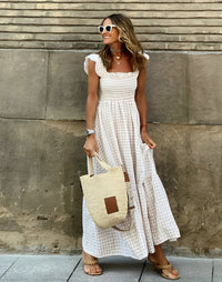 Caroline™ | Elegantes kariertes Sommerkleid – Weiß