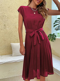 Damen Kurzarm Sommer Midi Etui Kleid – Weinrot