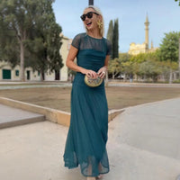 Athen™ Maxikleid mit kurzen transparenten Ärmeln und Stufenrock – Grün