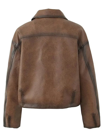 Wispose | Damen retro lederjacke unifarbe mit knöpfen