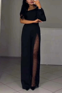 Modischer und sexy Damen Jumpsuit mit abfallenden Schultern und hohem Schlitz – Schwarz