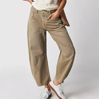 Damen Knopfverschluss Baggy Jeans – Beige