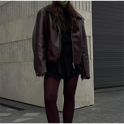 Olitareia | Damen Lederjacke mit Reverskragen und Reißverschluss