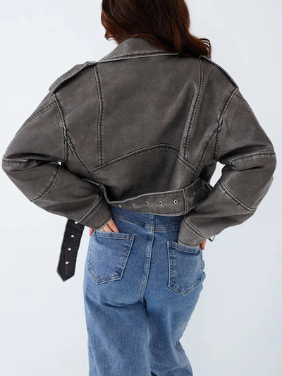 Olinthaveia | Vintage Damen Streetwear Kurzlederjacke