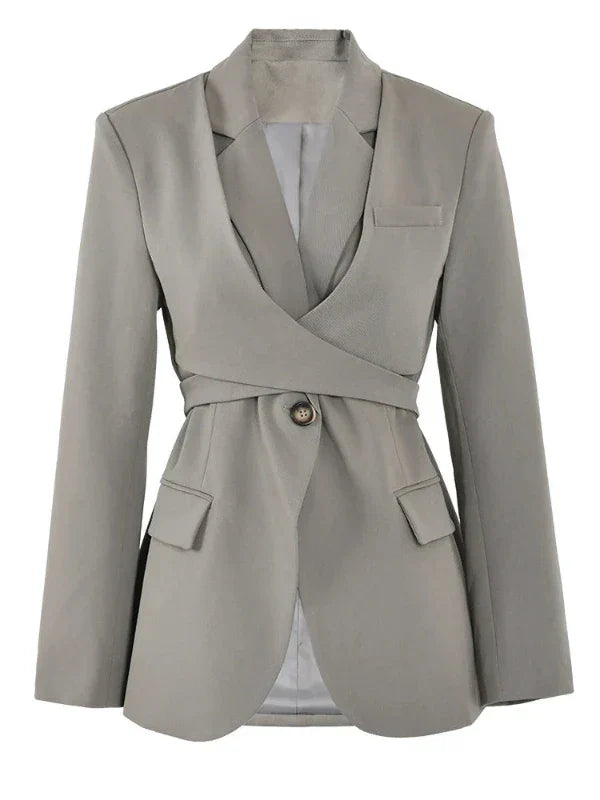 Irevena | Blazer in grau-grün mit überkreuztem schnürdesign und ein-knopf-verschluss
