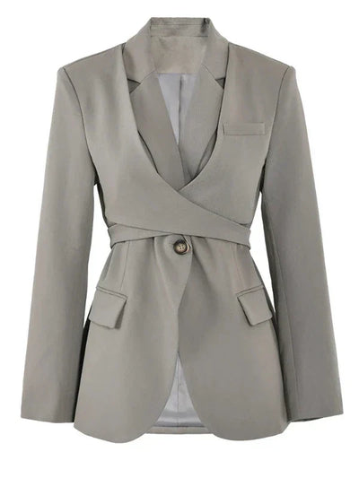 Irevena | Blazer in grau-grün mit überkreuztem schnürdesign und ein-knopf-verschluss