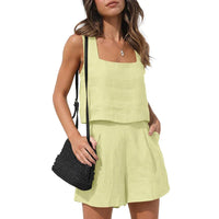 Cassie Sommerlicher Zweiteiler | Modernes ärmelloses Oberteil weite Shorts Sommer Set – Gelb