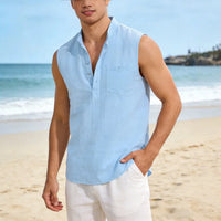 Sebastien™ Tanktop aus Baumwoll-Leinen mit Stehkragen – Blau