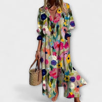 Lila - Figurbetontes Maxikleid mit Bauchbedeckung" can be rewritten as:

"Lila - Figurbetontes Maxikleid mit Bauchbedeckendem Design – Blumenmuster