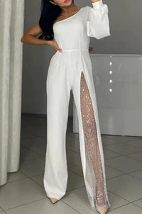 Modischer und sexy Damen Jumpsuit mit abfallenden Schultern und hohem Schlitz – Weiß