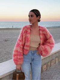 Sayelora | Gestreifte offene Strickjacke – Rosa