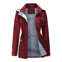 Übergangsjacke für Damen - Leichte wasserdichte Regenjacke mit Kapuze – Weinrot