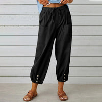 Kobe™ Baumwoll-Leinen-Hose mit Fronttaschen und verstellbarem Kordelzug – Schwarz