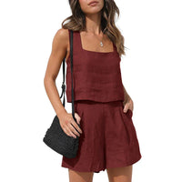 Cassie Sommerlicher Zweiteiler | Modernes ärmelloses Oberteil weite Shorts Sommer Set – Weinrot