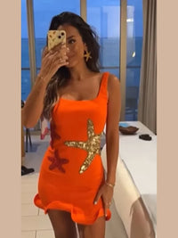 Julia Minikleid | Sommerliches bedrucktes ärmelloses glänzendes Damen-Minikleid – Orange