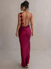 Cassiane - Satin Blumen Kleid – Weinrot