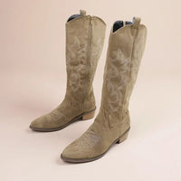 Damen-Knie-Cowboystiefel | Bestickt – Khaki