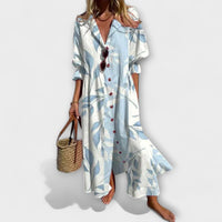 Lila - Figurbetontes Maxikleid mit Bauchbedeckung" can be rewritten as:

"Lila - Figurbetontes Maxikleid mit Bauchbedeckendem Design – Hellblau