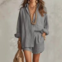 Bellmare™ Set Aus Baumwoll-Leinen Mit Weiter Bluse Und Eleganten Shorts – Grau