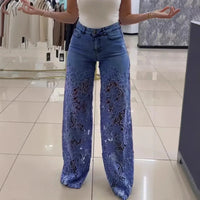 Bethania™ Jeans aus Modernem Denim mit Handgefertigter Blumen-Spitze – Dunkelblau