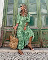 Bellona | Langes Boho-Kleid – Grün-Weiß