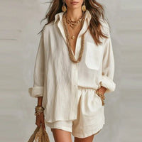 Bellmare™ Set Aus Baumwoll-Leinen Mit Weiter Bluse Und Eleganten Shorts – Apricot