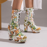 Blumige Damen Plateau Stiefel – Grün