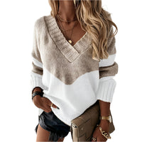 Warmer V-Ausschnitt Strickpullover mit Colourblock-Design für Damen | Weiche Baumwolle – Olivgrün