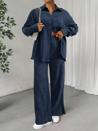 Elegantes Damen-Outfit Set: Langarm-Bluse mit Knopfleiste und elastische Taillenhose für Herbst/Winter – Blau