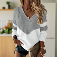 Warmer V-Ausschnitt Strickpullover mit Colourblock-Design für Damen | Weiche Baumwolle – Dunkelgrau