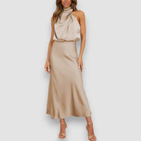 Flavia | Auffallendes Satin-Trägerkleid – Beige