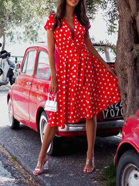 Heidi-Mode | Damen Kleider Flecken Druck V-Ausschnitt Kurzarm Kleid – Rot